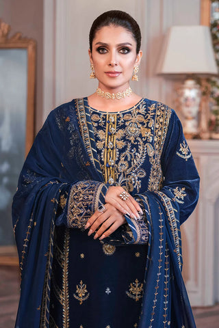 ASIM JOFA - 3PC VELVET EMBROIDERED SHIRT WITH CHIFFON EMBROIDERED DUPATTA & TROUSER - HZU2566