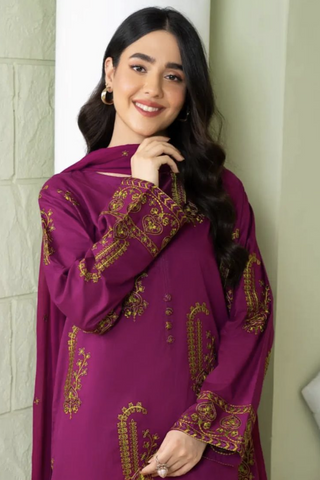MOHAGNI - 3PC DHANAK EMBROIDERED SHIRT WITH DHANAK EMBROIDERED SHAWL AND TROUSER - HZU2569