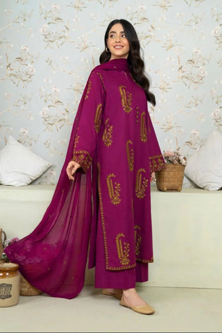 MOHAGNI - 3PC DHANAK EMBROIDERED SHIRT WITH DHANAK EMBROIDERED SHAWL AND TROUSER - HZU2569