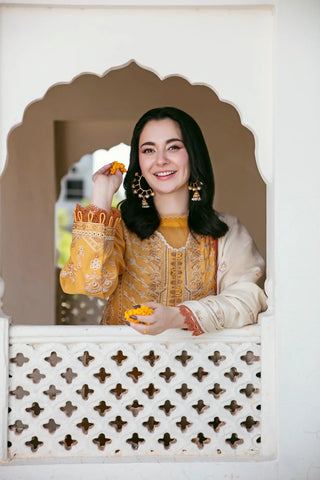 FLORENT - 3PC DHANAK EMBROIDERED SHIRT WITH DHANAK EMBROIDERED SHAWL AND TROUSER - HZG2319