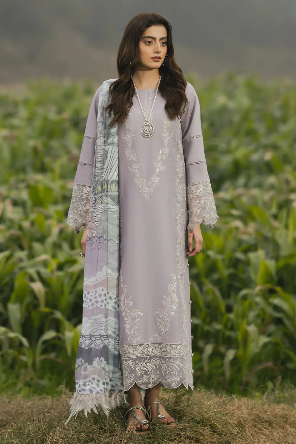 IZEL - 3PC LAWN EMBROIDERED SHIRT WITH CHIFFON PRINTED DUPATTA AND TROUSER - HZG2716