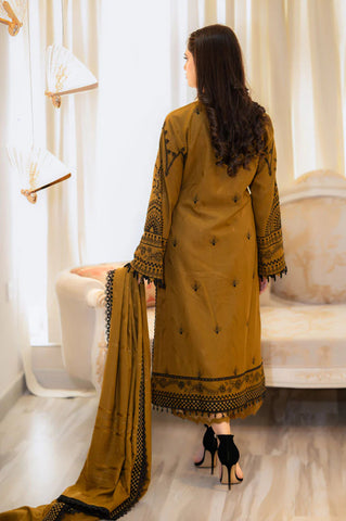 LIBAAS - 3PC DHANAK EMBROIDERED SHIRT WITH DHANAK EMBROIDERED SHAWL AND TROUSER - HZG2004