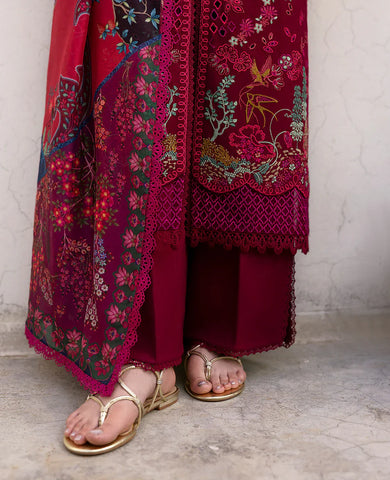 REPUBLIC WOMENSWEAR - 3PC DHANAK EMBROIDERED SHIRT WITH TWILL PRINTED SHAWL AND TROUSER - HZU2484