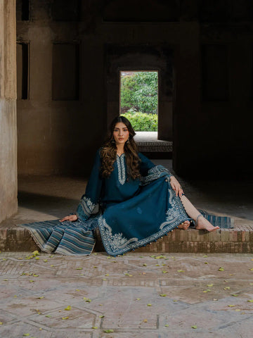 IZEL - 3PC DHANAK EMBROIDERED SHIRT WITH TWILL PRINTED SHAWL AND TROUSER - HZU2584