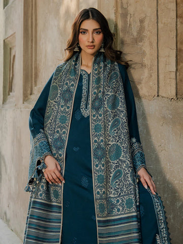 IZEL - 3PC DHANAK EMBROIDERED SHIRT WITH TWILL PRINTED SHAWL AND TROUSER - HZU2584