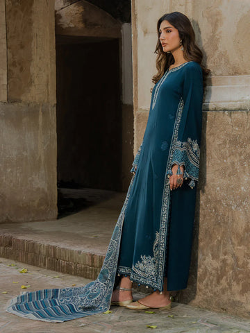 IZEL - 3PC DHANAK EMBROIDERED SHIRT WITH TWILL PRINTED SHAWL AND TROUSER - HZU2584