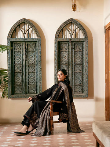 IZEL - 3PC KHADDAR EMBROIDERED SHIRT WITH TWILL PRINTED SHAWL AND TROUSER - HZU2593