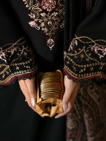 IZEL - 3PC KHADDAR EMBROIDERED SHIRT WITH TWILL PRINTED SHAWL AND TROUSER - HZU2593