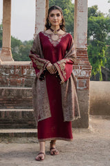 IZEL - 3PC DHANAK EMBROIDERED SHIRT WITH TWILL PRINTED SHAWL AND TROUSER - HZU2583
