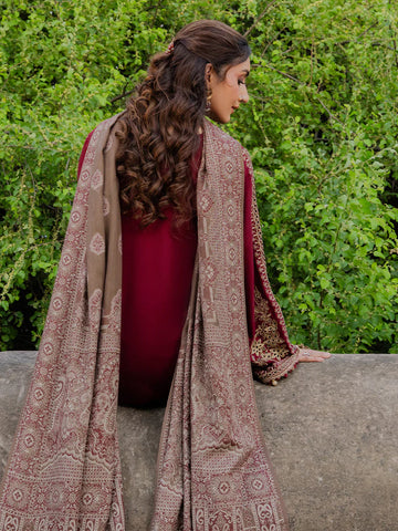 IZEL - 3PC DHANAK EMBROIDERED SHIRT WITH TWILL PRINTED SHAWL AND TROUSER - HZU2583