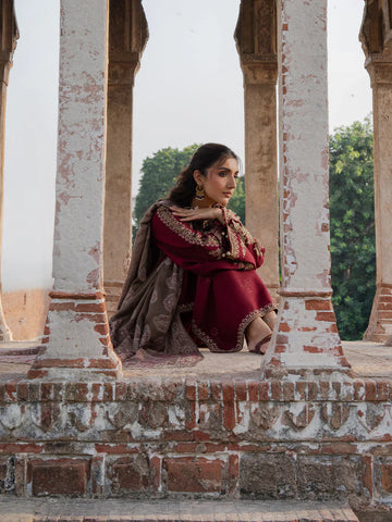 IZEL - 3PC DHANAK EMBROIDERED SHIRT WITH TWILL PRINTED SHAWL AND TROUSER - HZU2583