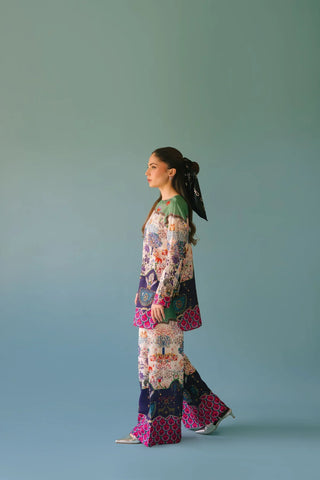 ETHNC - 2PC SILK PRINTED SHIRT WITH SILK PRINTED TROUSER - HZU2499