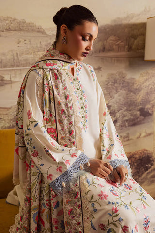 MAHNUR - 3PC DHANAK EMBROIDERED SHIRT WITH TWILL PRINTED SHAWL AND TROUSER - HZU2532