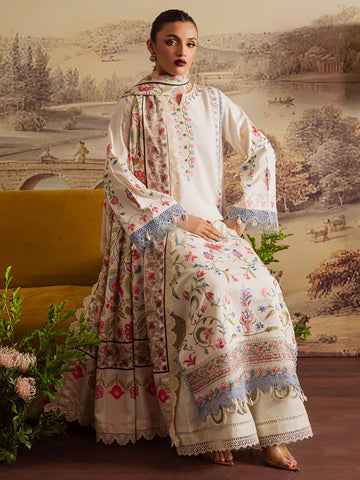 MAHNUR - 3PC DHANAK EMBROIDERED SHIRT WITH TWILL PRINTED SHAWL AND TROUSER - HZU2532
