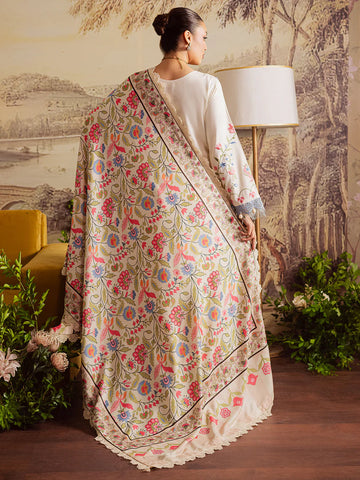 MAHNUR - 3PC DHANAK EMBROIDERED SHIRT WITH TWILL PRINTED SHAWL AND TROUSER - HZU2532
