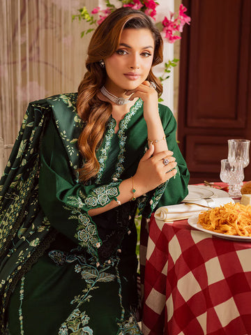 MAHNUR - 3PC DHANAK EMBROIDERED SHIRT WITH TWILL PRINTED SHAWL AND TROUSER - HZU2531