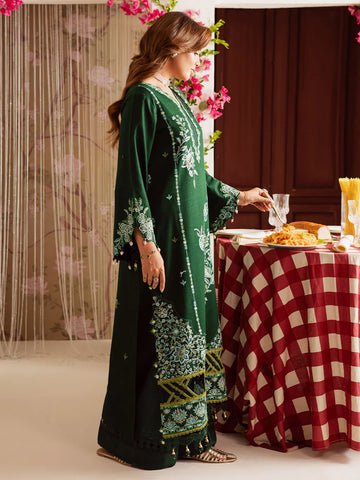 MAHNUR - 3PC DHANAK EMBROIDERED SHIRT WITH TWILL PRINTED SHAWL AND TROUSER - HZU2531