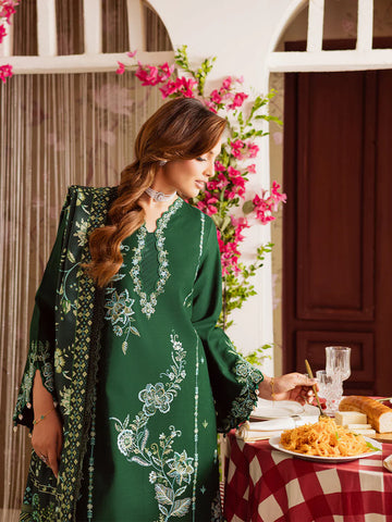 MAHNUR - 3PC DHANAK EMBROIDERED SHIRT WITH TWILL PRINTED SHAWL AND TROUSER - HZU2531