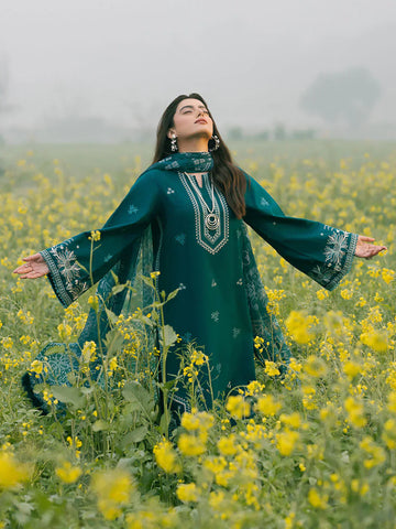 IZEL - 3PC DHANAK EMBROIDERED SHIRT WITH TWILL PRINTED SHAWL AND TROUSER - HZG2574