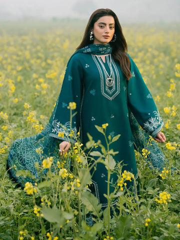 IZEL - 3PC DHANAK EMBROIDERED SHIRT WITH TWILL PRINTED SHAWL AND TROUSER - HZG2574