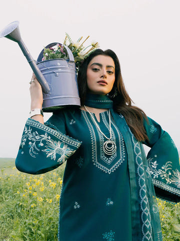 IZEL - 3PC DHANAK EMBROIDERED SHIRT WITH TWILL PRINTED SHAWL AND TROUSER - HZG2574