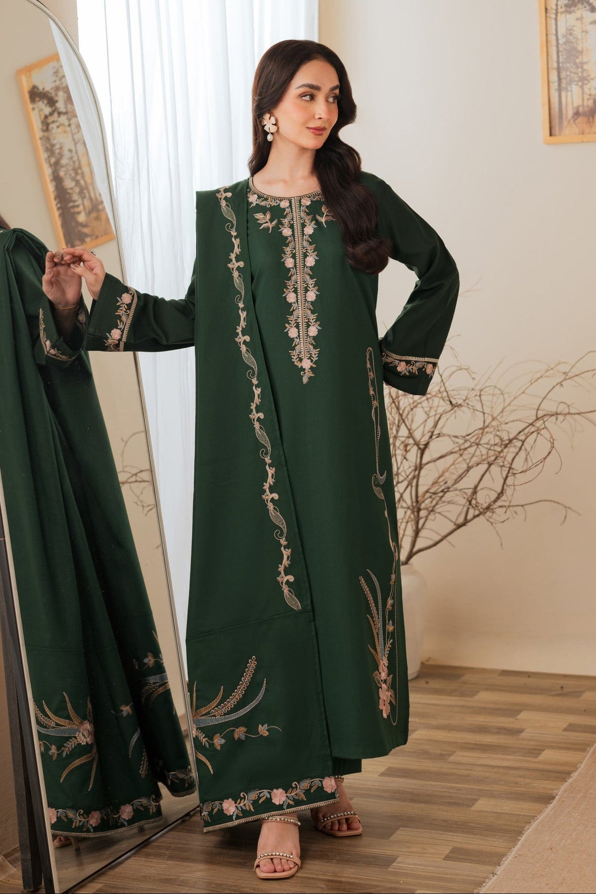BATIK - 3PC DHANAK EMBROIDERED SHIRT DHANAK EMBROIDERED SHAWL AND TROUSER - HZG3160