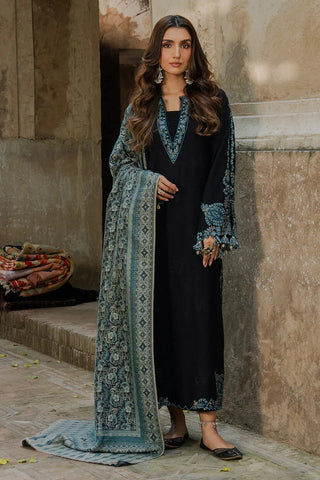 IZEL - 3PC KHADDAR  EMBROIDERED SHIRT WITH TWILL PRINTED SHAWL AND TROUSER - HZU2587