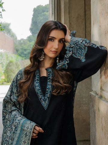 IZEL - 3PC KHADDAR  EMBROIDERED SHIRT WITH TWILL PRINTED SHAWL AND TROUSER - HZU2587