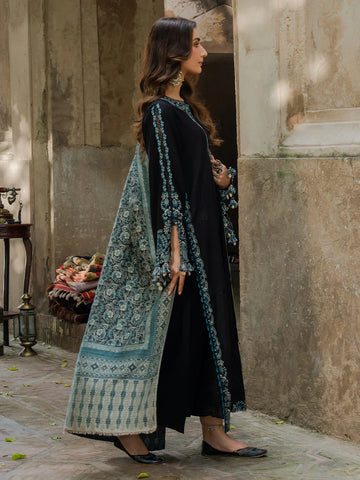 IZEL - 3PC KHADDAR  EMBROIDERED SHIRT WITH TWILL PRINTED SHAWL AND TROUSER - HZU2587