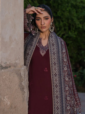 IZEL - 3PC DHANAK EMBROIDERED SHIRT WITH TWILL PRINTED SHAWL AND TROUSER - HZU2588