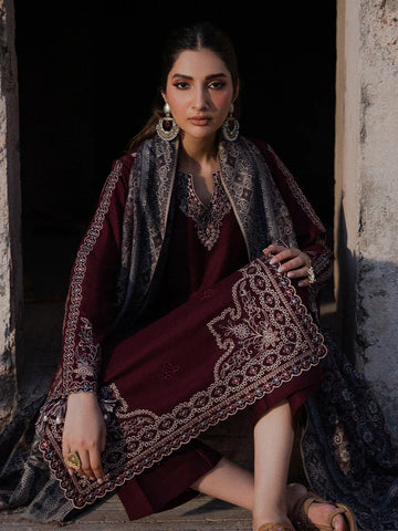 IZEL - 3PC DHANAK EMBROIDERED SHIRT WITH TWILL PRINTED SHAWL AND TROUSER - HZU2588