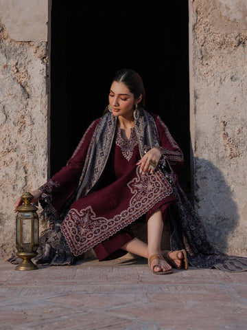 IZEL - 3PC DHANAK EMBROIDERED SHIRT WITH TWILL PRINTED SHAWL AND TROUSER - HZU2588