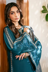 IZEL - 3PC DHANAK EMBROIDERED SHIRT WITH TWILL PRINTED SHAWL AND TROUSER - HZG2600