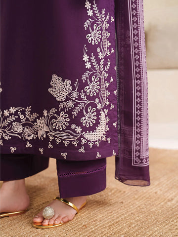 GARNET - 3PC DHANAK EMBROIDERED SHIRT WITH TWILL PRINTED SHAWL AND TROUSER - HZU2479