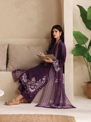 GARNET - 3PC DHANAK EMBROIDERED SHIRT WITH TWILL PRINTED SHAWL AND TROUSER - HZU2479