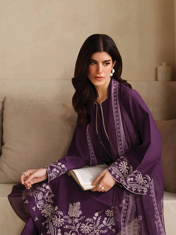 GARNET - 3PC DHANAK EMBROIDERED SHIRT WITH TWILL PRINTED SHAWL AND TROUSER - HZU2479