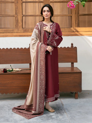 IZEL - 3PC DHANAK EMBROIDERED SHIRT WITH TWILL PRINTED SHAWL AND TROUSER - HZU2594