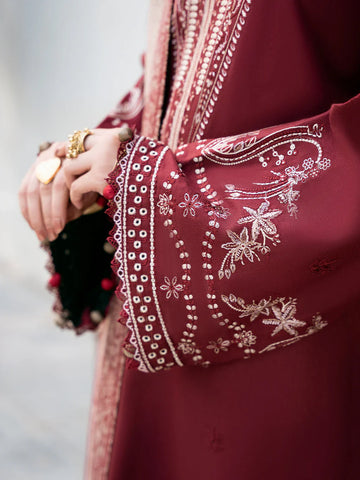 IZEL - 3PC DHANAK EMBROIDERED SHIRT WITH TWILL PRINTED SHAWL AND TROUSER - HZU2594