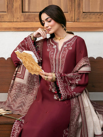 IZEL - 3PC DHANAK EMBROIDERED SHIRT WITH TWILL PRINTED SHAWL AND TROUSER - HZU2594
