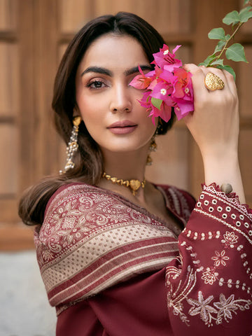 IZEL - 3PC DHANAK EMBROIDERED SHIRT WITH TWILL PRINTED SHAWL AND TROUSER - HZU2594