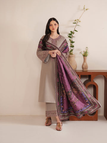 GARNET - 3PC DHANAK EMBROIDERED SHIRT WITH TWILL PRINTED SHAWL AND TROUSER - HZU2431