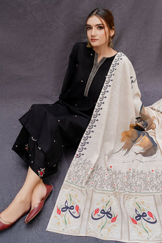URGE - 3PC DHANAK EMBROIDERED SHIRT WITH TWILL PRINTED SHAWL AND TROUSER - HZG1461