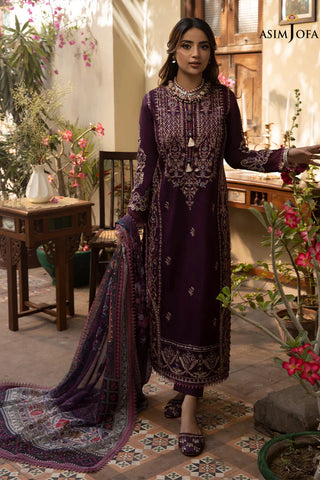 ASIM JOFA - 3PC DHANAK EMBROIDERED SHIRT WITH TWILL PRINTED SHAWL AND TROUSER - HZU2537