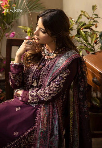 ASIM JOFA - 3PC DHANAK EMBROIDERED SHIRT WITH TWILL PRINTED SHAWL AND TROUSER - HZU2537