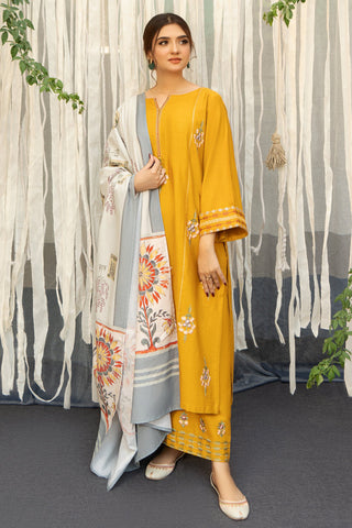 URGE - 3PC DHANAK EMBROIDERED SHIRT WITH PASHMINA WOOL PRINTED SHAWL AND TROUSER - HZG1415