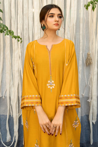 URGE - 3PC DHANAK EMBROIDERED SHIRT WITH PASHMINA WOOL PRINTED SHAWL AND TROUSER - HZG1415