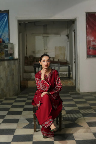 URGE - 2PC DHANAK EMBROIDERED SHIRT WITH DHANAK EMBROIDERED TROUSER - HZG2325