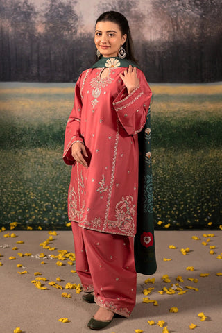 URGE - 3PC DHANAK EMBROIDERED SHIRT WITH TWILL PRINTED SHAWL AND TROUSER - HZG2385
