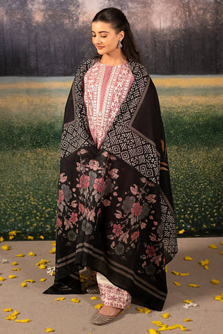 URGE - 3PC DHANAK EMBROIDERED SHIRT WITH TWILL PRINTED SHAWL AND TROUSER - HZG2390