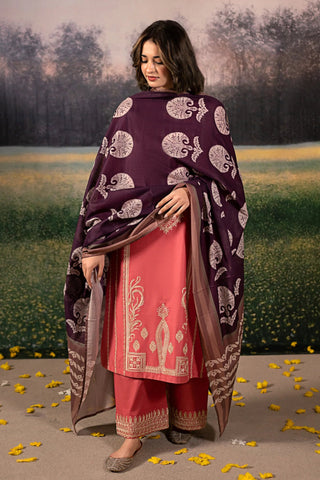 URGE - 3PC DHANAK EMBROIDERED SHIRT WITH TWILL PRINTED SHAWL AND TROUSER - HZG2389